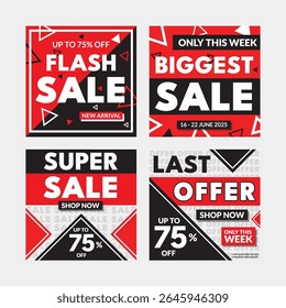 Bold and modern Instagram post templates for promo and sale. Red, black, and white color scheme, ideal for social media marketing and online ads.