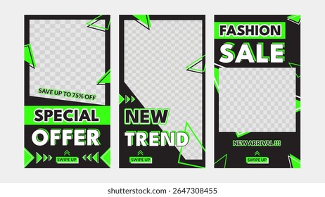 Bold and modern Instagram story templates featuring neon green, black background and perfect for social media promotion, fashion sale and special offer.