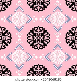 A bold and modern interpretation of Thai mandala patterns in black and white, contrasted against a soft pink background. Ideal for fashion, stationery, fabric prints, and youthful packaging designs.