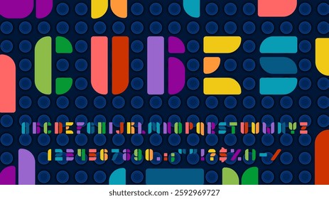 Bold modern kids font, abstract type, child typeface, english playful alphabet letters and numbers blocks. Vector typography geometric font abc characters at kids plastic building blocks background