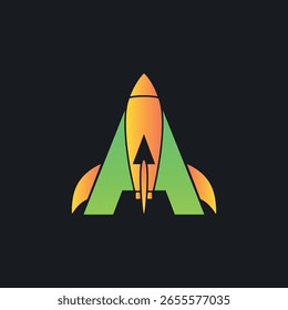 Bold and modern letter 'A' logo integrating a rocket ship, featuring vibrant green and orange gradients. Perfect for startups, tech companies, or any brand focused on innovation and growth.