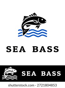 A bold and modern logo design featuring a stylized black sea bass fish leaping over blue waves