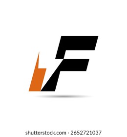 Um logotipo arrojado e moderno com a letra F com um design angular e um raio laranja, transmitindo energia e força em um estilo corporativo limpo.