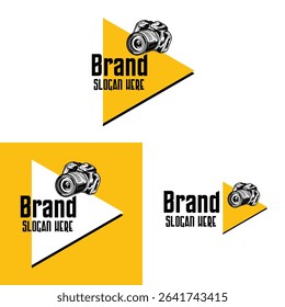 A bold, modern logo with a yellow play-button shape, vintage camera illustration, and strong black text—perfect for photography or video-related brands.