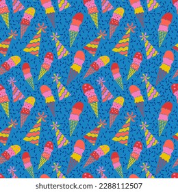 Bold modern minimalistic seamless pattern with element for birthday party. Vector bright ice cream cone and bonnets with confetti. Suitable for fabric, wallpaper, wrapping, background, poster