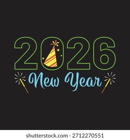 Ein mutiger und moderner Vektor "Frohes Neues Jahr 2026", perfekt für Grußkarten, T-Shirt-Prints, Poster, Partyeinladungen und digitale Feiern. Mit klaren Linien, festlichen Elementen und einem lebendigen feierlichen Gefühl verleiht dieses Design dem Neujahr einen frischen und stilvollen Look. Ideal für Print-on-Demand-, Ferien-Merch- und Pinterest-Inspirationsboards.