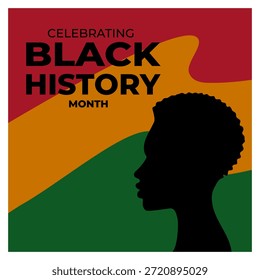 Afiche moderno audaz que celebra el Mes de la Historia Negra con una silueta femenina poderosa y colores culturales