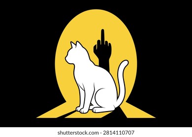 A bold, modern, and provocative conceptual vector illustration featuring a simple white cat sitting in profile against a vibrant yellow spotlight on a black background. The cat casts a distinct shadow behind it, which forms the shape of a hand giving the middle finger. This design employs a minimalist aesthetic and high-contrast color palette to deliver a witty, subversive, and edgy visual statement. It serves as a creative asset for projects exploring irony, dark humor, nonconformity, or rebellious artistic expressions. The clear, geometric lines make this graphic highly versatile for use in contemporary apparel design, edgy social media content, creative posters, or underground lifestyle branding. This unique, high-quality vector artwork is designed to capture attention and provoke thought through its clever use of negative space and shadow play.