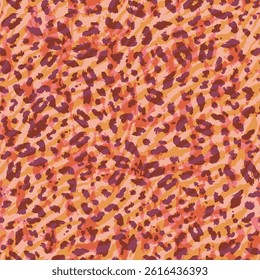 Bold and modern seamless animal print pattern inspired by leopard spots, featuring a vibrant mix of pinks, purples, and warm oranges