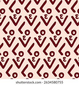 Bold and modern seamless pattern featuring abstract geometric typography spelling "LOVE" in red tones. Perfect for Valentine's Day products, bold packaging and modern stationery