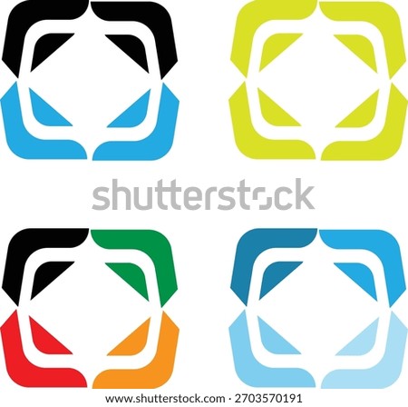 A bold and modern set of four geometric abstract logos arranged in a 2x2 grid.