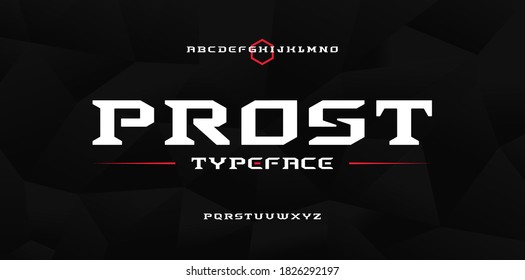Bold modern strong techno, sci fi sport display style font, abstract geometric clean letter set slab serif prost typeface svg