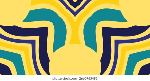 Un fondo abstracto simétrico audaz y moderno con curvas fluidas en una paleta de colores de amarillo, verde azulado y azul oscuro.