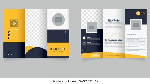 Bold and modern trifold brochure template in yellow and navy color scheme. Editable layout with placeholders, infographics, and contact section. Perfect for business marketing, company profile