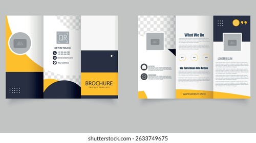Bold and modern trifold brochure template in yellow and navy color scheme. Editable layout with placeholders, infographics, and contact section