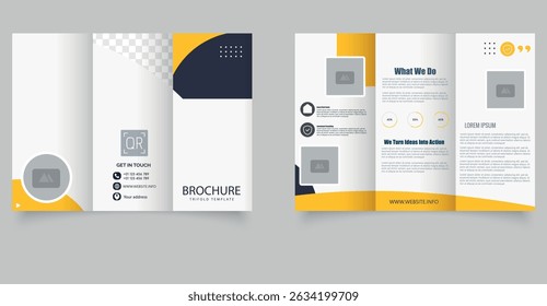 Bold and modern trifold brochure template in yellow and navy color scheme. Editable layout with placeholders, infographics, and contact section