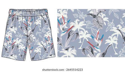 A bold and modern tropical seamless pattern featuring palm trees, exotic leaves, and vibrant bird of paradise flowers on a soft gray background. Designed for summer apparel, beachwear