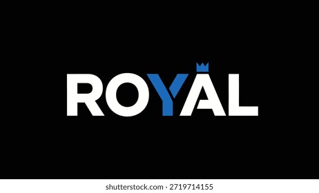 A bold and modern typographic design featuring the word 'ROYAL' in striking white and blue letters against a solid black background. The letter 'Y'