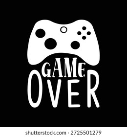 Un diseño de tipografía atrevido y moderno con la frase "Game Over" combinada con un icono de controlador de juego estilizado. Esta obra de arte representa la cultura del juego, la competencia, la diversión y el humor lúdico. Ideal para camisetas de jugadores, carteles, arte mural, gráficos en streaming, eventos de juegos, contenido de redes sociales y diseños de Mercancías. Las letras blancas y el icono sobre un fondo negro crean un aspecto fuerte y de alto contraste adecuado para el uso digital e impreso.