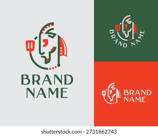A bold and modern vector logo design for a meat-based restaurant or butchery. The logo features a stylized goat head mascot in line art style, flanked by a cooking spatula and a butcher knife within a circular frame.