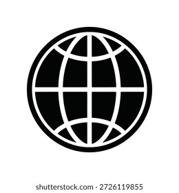 Fette monochromatische Globus-Ikone, die weltweite Konnektivität, globale Reichweite und Internet-Netzwerk darstellt. Ein vielseitiges digitales Symbol für internationale Beziehungen, Webgrafiken und Benutzeroberflächen