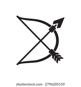 A bold, monochromatic illustration of a crossed bow and arrow, rendered in thick black lines against a plain background. The design emphasizes sharp edges and geometric simplicity, conveying a sense o.