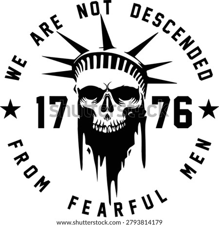 A bold, monochromatic patriotic vector badge featuring a stylized skull wearing the iconic crown of the Statue of Liberty. The central skull features dramatic ink drips leaking down from its jawline. Flanking the skull is the historic founding year 