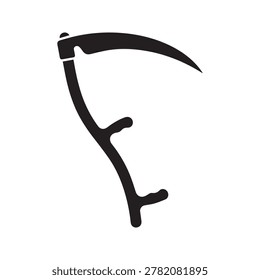 A bold, monochromatic silhouette of a scythe featuring a curved blade and elongated handle. The design is stark, with no shading or color, emphasizing the sharp, angular lines and minimalistic aesthet.