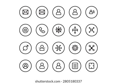 Bold monochrome circle outline icons depicting messaging and support concepts. Clean vector-style design for calm, functional UI branding. Useful for app buttons, help centers, and customer service graphics.
