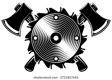 Un audaz emblema monocromo con un par de ejes cruzados y una hoja de sierra central, ideal para temas de madera y leñadores.