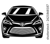 Bold monochrome fill captures the front view of a stylized car icon. Detailed headlight, bumper, and grille portray a modern automobile in silhouette format.