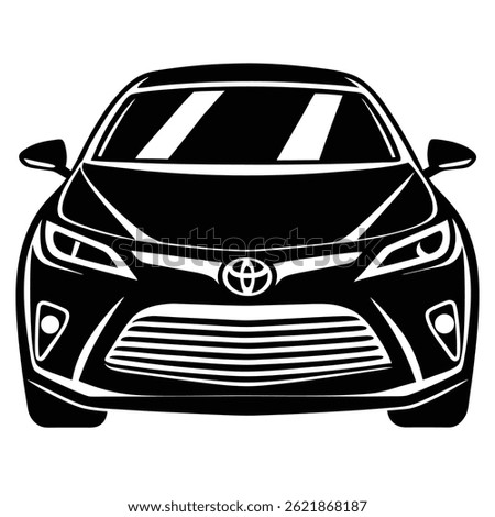 Bold monochrome fill captures the front view of a stylized car icon. Detailed headlight, bumper, and grille portray a modern automobile in silhouette format.
