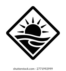 Bold monochrome geometric icon showing rising sun and waves within square frame clean vector illustration for simple branding design.