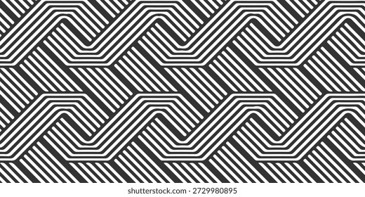 Fette monochrome geometrische Zickzacklinien schaffen eine dynamische, moderne Textur, die sich ideal für Kulissen und Grafikdesign-Projekte eignet. Kontrastreich, 