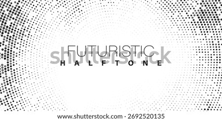 Bold monochrome halftone background of black circular dots forming a radial gradient, centered text FUTURISTIC HALFTONE, modern abstract design with high contrast for digital, data, soundwave visual