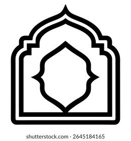 A bold, monochrome illustration displays a layered archway shape with a unique interior border, set against a plain white background. Clean, geometric design element.