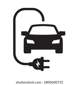 Bold monochrome line icon showing an electric vehicle charging port and plug. Clean vector style with simple geometry for tech and mobility branding uses.