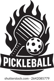 A bold, monochrome pickleball logo featuring a paddle, ball, and flames, with the word "PICKLEBALL" prominently displayed.