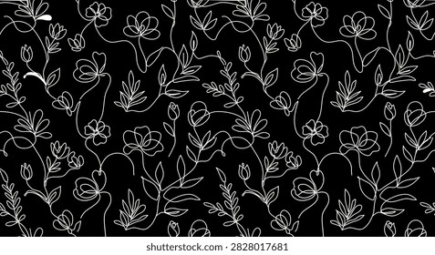 A bold monochrome seamless vector pattern showcasing continuous white line art flowers and leaves set against a rich black background