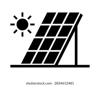 Bold monochrome vector icon featuring a solar panel and sun, symbolizing photovoltaic power generation and renewable electricity. Minimal geometric design ideal for clean energy, sustainability, solar technology, environmental projects, and power infrastructure.