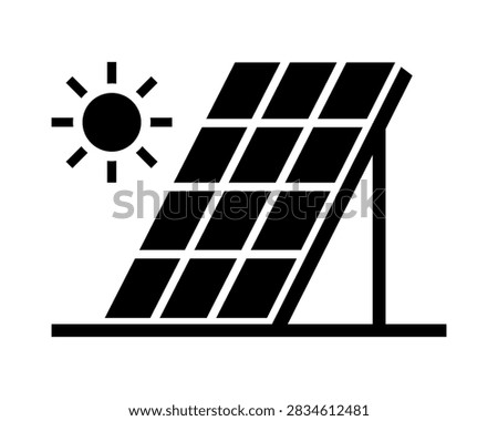 Bold monochrome vector icon featuring a solar panel and sun, symbolizing photovoltaic power generation and renewable electricity. Minimal geometric design ideal for clean energy, sustainability, solar technology, environmental projects, and power infrastructure.