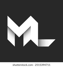 Bold monogram ML or LM logo design with overlapping letters M and L, featuring sharp geometric shapes, grayscale gradient, perfect for branding identity, and minimalist design projects.