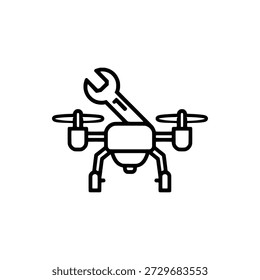 Un atrevido icono de mantenimiento de flota monolínea con una silueta de dron sobrevolada por una herramienta de llave simplificada.
