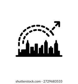 Un audaz icono de ruta de navegación monolínea por el cielo con una línea direccional discontinua curva que flota sobre una silueta simplificada del horizonte de la ciudad.