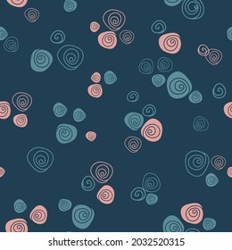 Bold and moody seamless vector rose pattern with a vintage feel. Pastel blue and blush pink hand drawn doodle roses on midnight blue background. Retro style shabby flowers are cute and romantic.