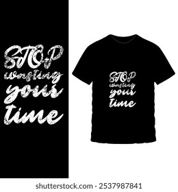 Bold Motivational T-Shirt Design - Stopp Wasting Your Time Text Graphic mit lebendigen gelben und blauen Blöcken auf schwarzem Tee