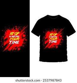 Bold Motivational T-Shirt Design - Stopp Wasting Your Time Text Graphic mit lebendigen gelben und blauen Blöcken auf schwarzem Tee