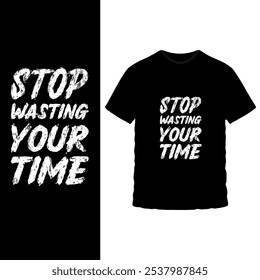 Bold Motivational T-Shirt Design - Stopp Wasting Your Time Text Graphic mit lebendigen gelben und blauen Blöcken auf schwarzem Tee