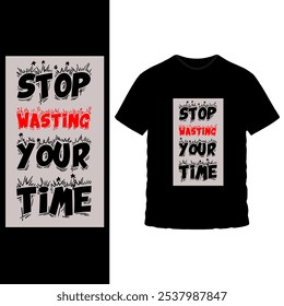 Bold Motivational T-Shirt Design - Stopp Wasting Your Time Text Graphic mit lebendigen gelben und blauen Blöcken auf schwarzem Tee