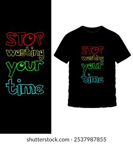 Bold Motivational T-Shirt Design - Stopp Wasting Your Time Text Graphic mit lebendigen gelben und blauen Blöcken auf schwarzem Tee